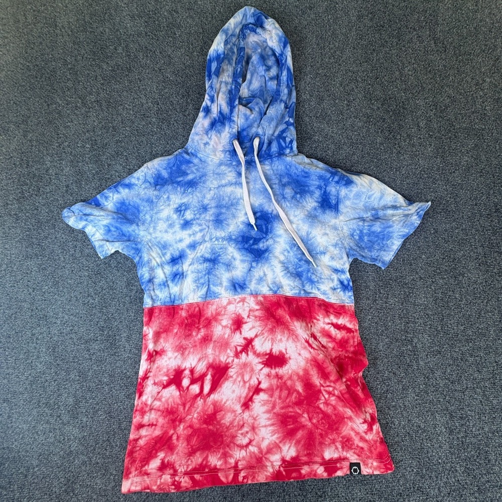 Empyre Hooded T-Shirt Mens Small Red Blue Tie Dye Cotton Short Sleeve Drawstring